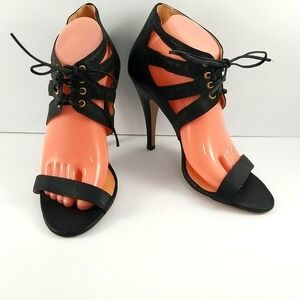 Luiza‎ Barcelos Black Leather Lace Up Cage Heel Sandals Size 10B Made in Brazil